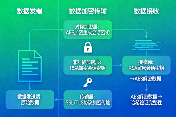 多层加密技术示意图解，展示数据加密传输与保护的安全流程