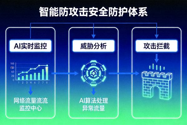 智能防攻击系统示意图，展示AI实时监控和拦截网络攻击的安全防护体系