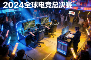专业电竞赛事现场画面示意图，展现选手激烈对抗和现场热烈氛围